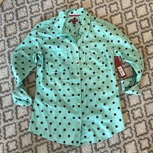 Women's Merona button-front shirt size XS Mint green/ navy blue long sleeves